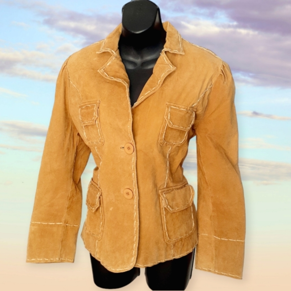 Vintage ASHLEY by 26 INTERNATIONAL Brown Tan Suede Blazer Rustic Twine Detailing